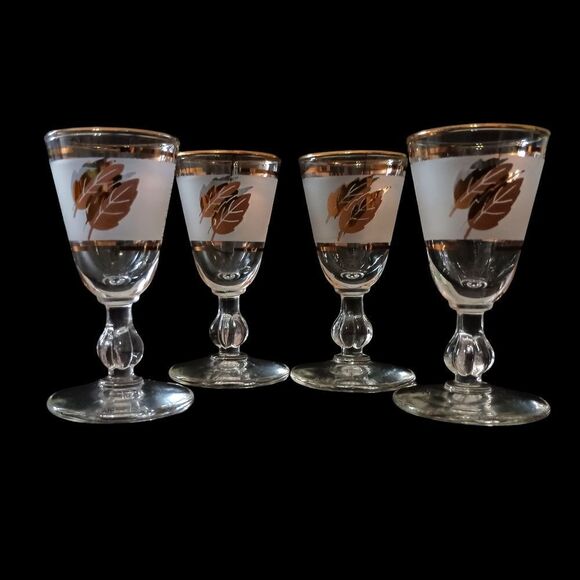 Libbey Golden Foliage Cordial Glasses Frosted Stemmed Gold Oak Leaf MCM Mad Men. - Picture 10 of 16